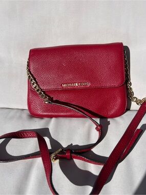 Michael Kors Cherry Red Pebbled Leather Crossbody with Gold Chain